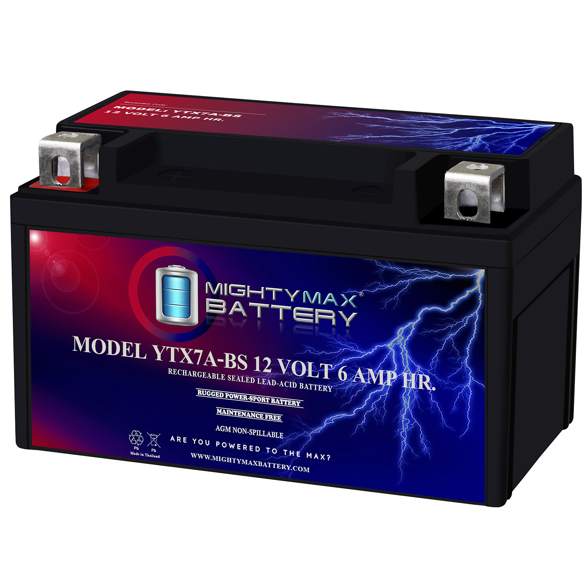 Mighty Max Battery YTX7A-BS — 12 Volt, 6Ah, 105 CCA, Rechargeable Maintenance Free SLA AGM Motorcycle Battery, Model# MAX3456282